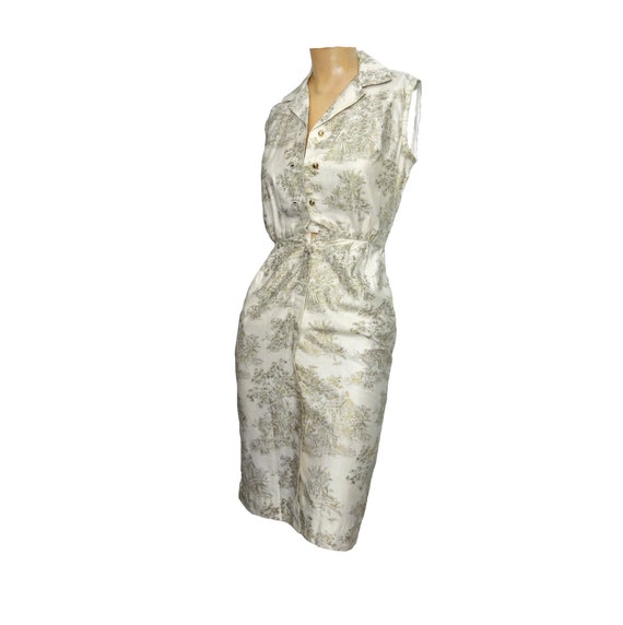 Vintage 1950s Wiggle Dress Gold Metallic Toile Pr… - image 1