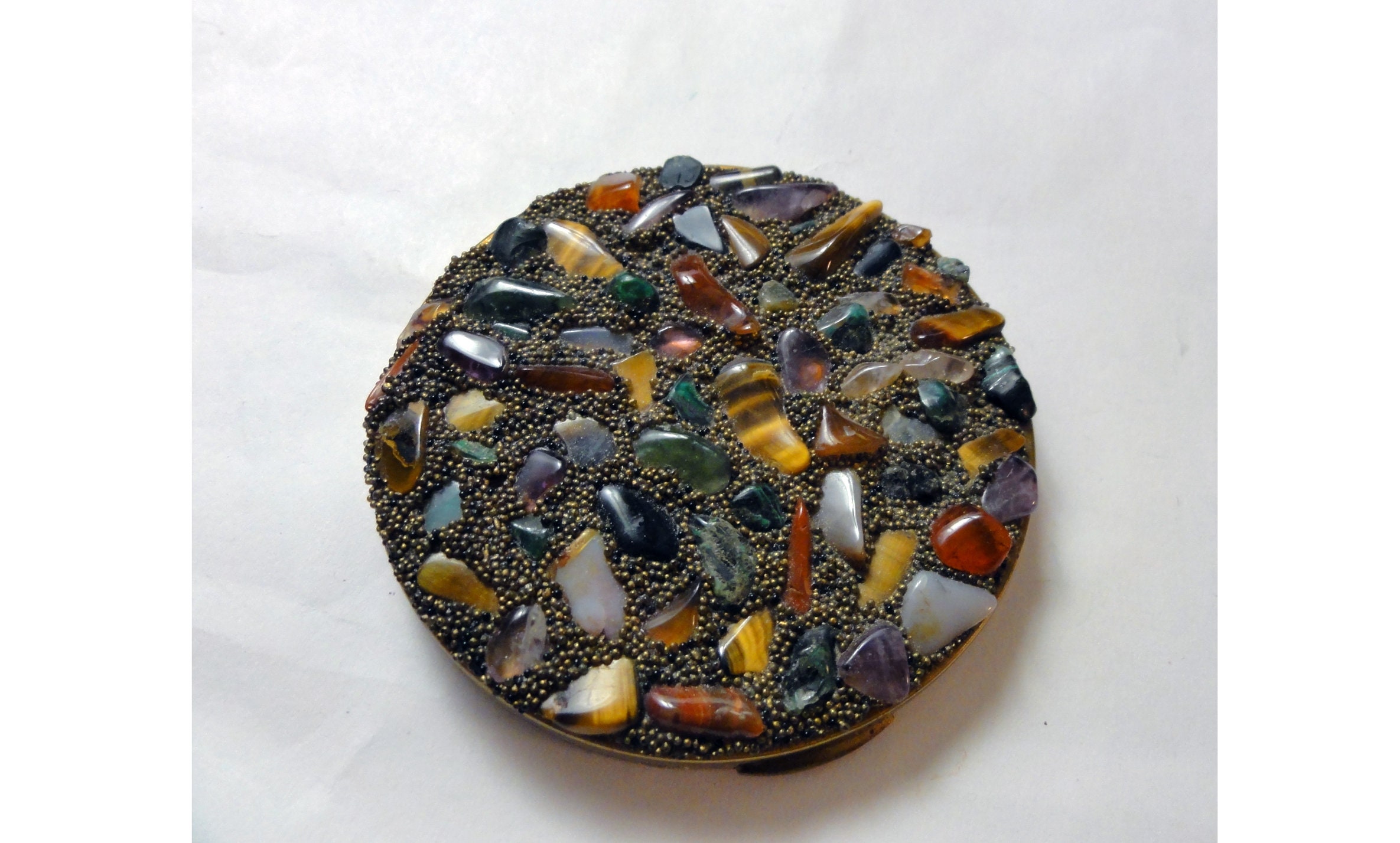 Vintage 1950s Powder Compact "Sam Fink" Semi-Precious Stones Round Gold Tone Mirrored