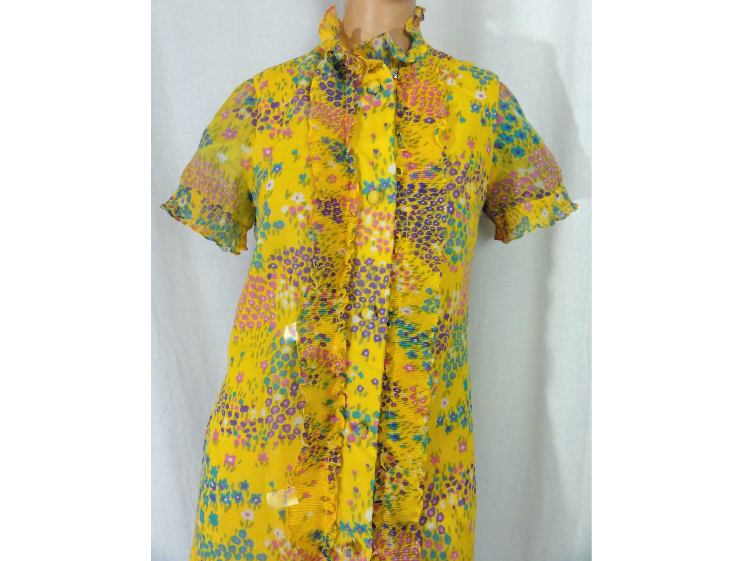 Mod Vintage 1960s Robe Ruffled Mini Dress Housecoat Yellow | Etsy