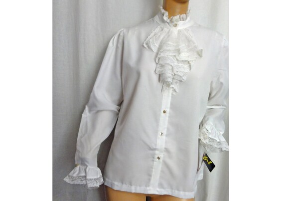 Vintage 1970s Blouse White Lace Jabot Victorian R… - image 2