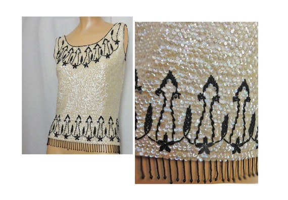 Vintage 1950s Beaded Sweater Shell/Fringed Cream … - image 1