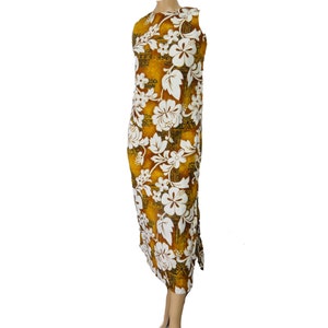 Vintage 1960s Dress Hawaiian Muumuu Side Slit Shift &quot;Royal Hawaiian&quot; Golden Brown Tropical Floral Print Cotton Barkcloth