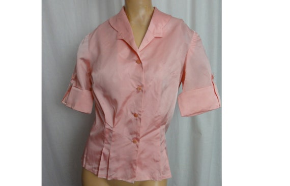 Vintage 1950s Blouse Shimmery Cold Rayon Pink Shi… - image 1