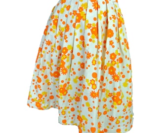 Vintage 1960s Skirt Orange Daisy Print Cotton Pleated Skirt Flower Power Mod
