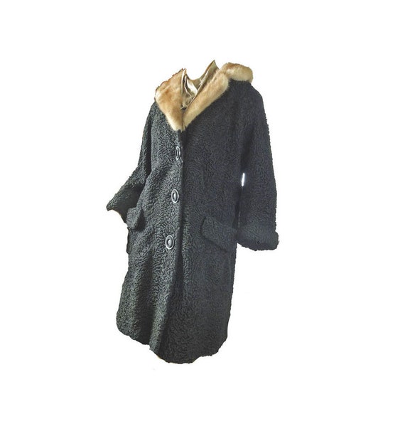 Vintage 1950s Black Astrakhan Fur Coat with Black Rolled Mink Collar Size M