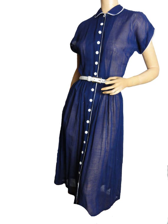 Vintage 1940s Shirtwaist Sheer Navy Blue with Whi… - image 2