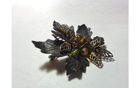 Vintage Autumn Leaf Brooch Copper Tone & Wired on… - image 6