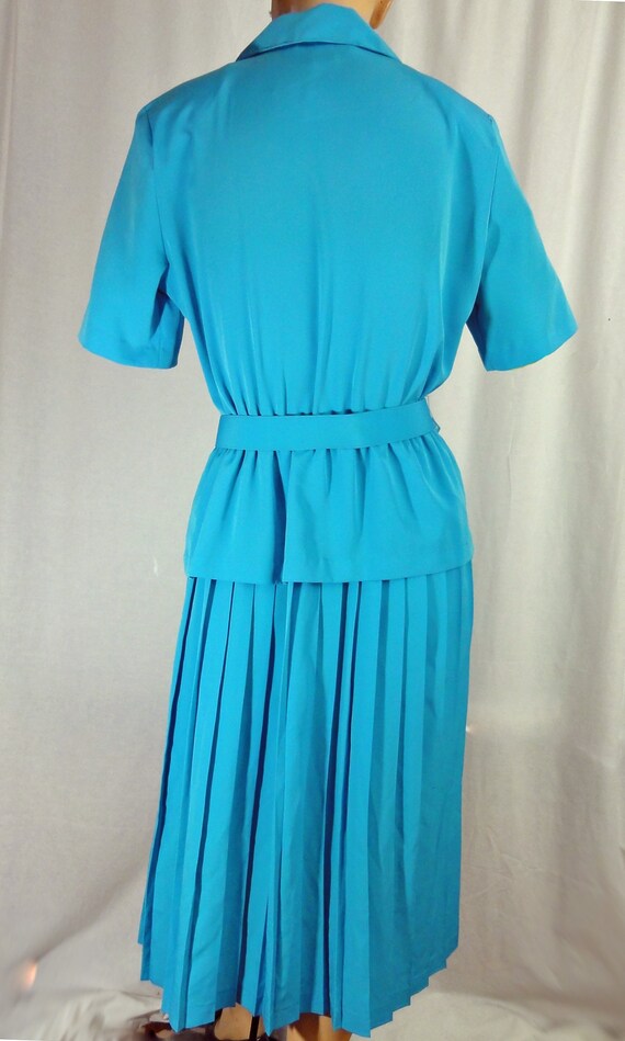 Vintage 1980s Dress Sky Blue Pleated Skirt Gold B… - image 6