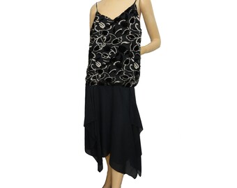 Vintage 1980s Evening Gown NWT Black Velvet & Gold Handkerchief Dress Petites by Simon