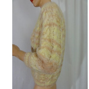 Vintage Mohair Cardigan 1980s Sweater Cropped Pastel Yellow and Pink Chunky Knit image 3
