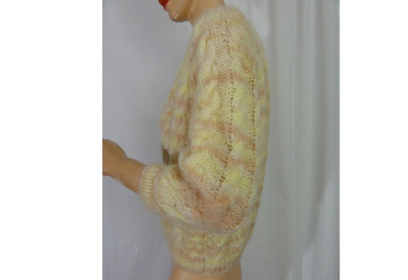 Vintage Mohair Cardigan 1980s Sweater Cropped Pastel Yellow and Pink Chunky Knit image 3