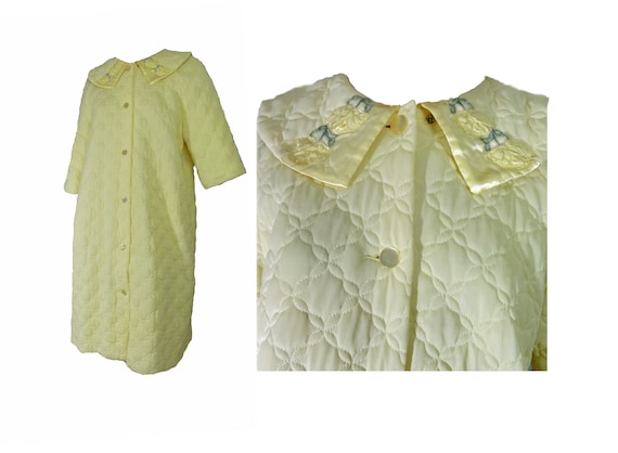 Vintage 1960s Robe Quilted Housecoat Butter Yellow