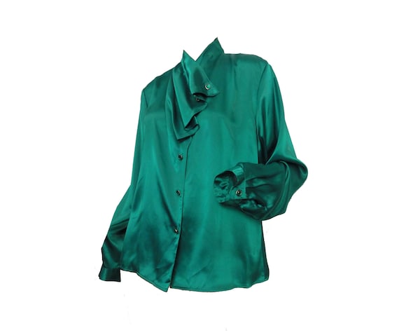 Vintage 1980s Blouse Forest Green Satin, Rhineston