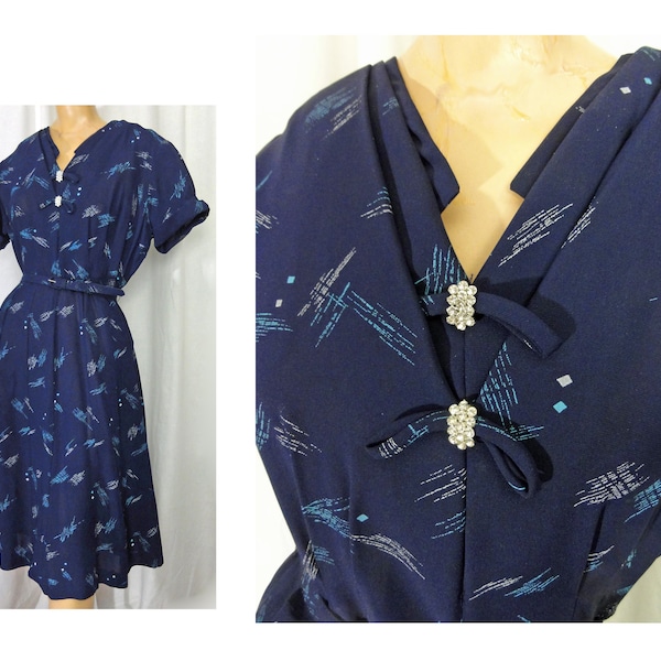 Vintage 1950s Dress Navy Blue Art Deco Print Sheer with Rhinestones Fancy Neckline Original Belt