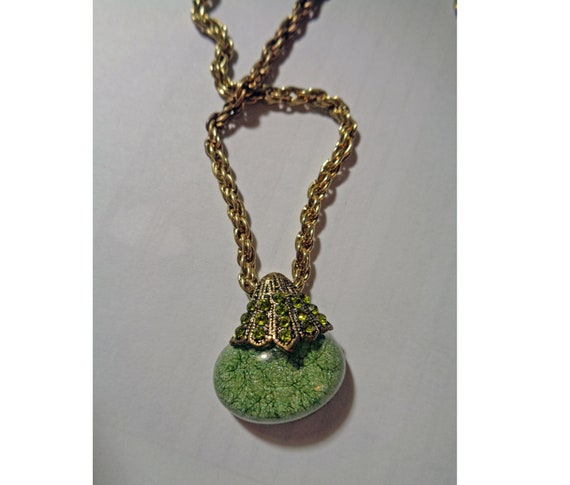 Vintage Choker Pendant Necklace Green Oval Caboch… - image 5