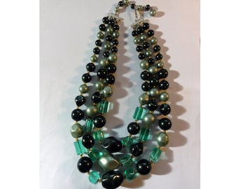 Vintage 1960s Necklace Green Faux Pearls & Glass Beads Three Strand Signed Japan
