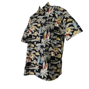 May include: A black short-sleeved shirt with a tropical print featuring palm trees, flowers, and surfboards.