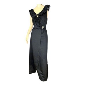 Vintage 1980s Black Formal Gown Wrap Dress Ruffle Trim Low Back Bare Shoulders image 1