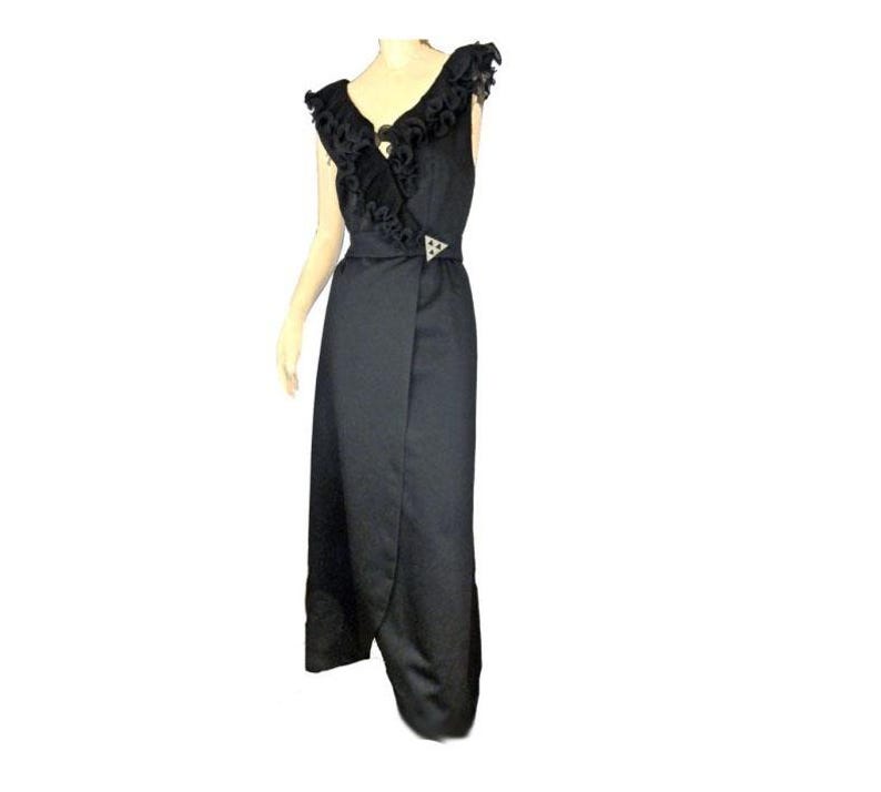 Vintage 1980s Black Formal Gown Wrap Dress Ruffle Trim Low Back Bare Shoulders image 1