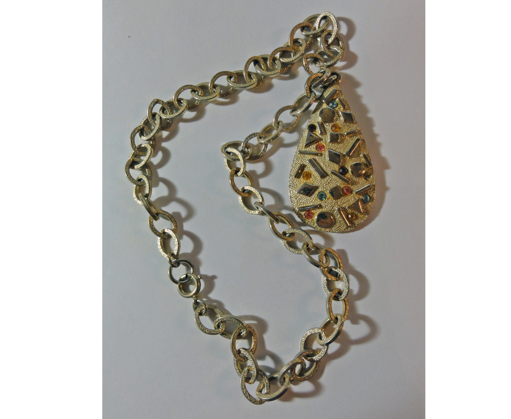 Vintage Mod 1960s Pendant Necklace Sarah Coventry "Sultana Confetti" Gold Tone Teardrop Chunky Chain Rhinestones