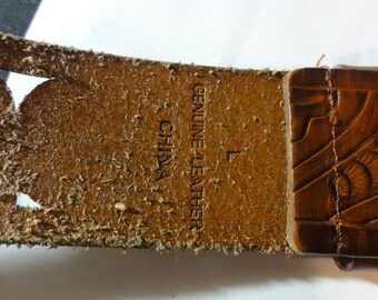 Vintage Western Belt Brown Tooled Pierced Leather With Brass  display picture 2