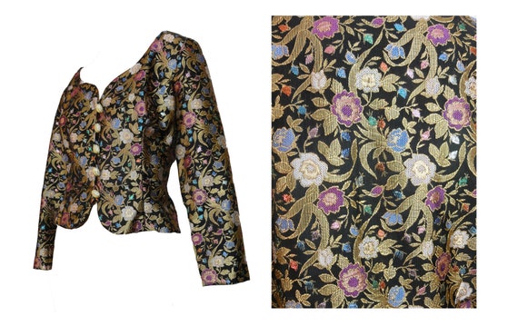 Vintage 1980s Jacket Blouse Metallic Gold Black Fl
