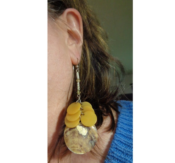 Vintage Earrings Long Bohemian Hippie Abalone She… - image 3