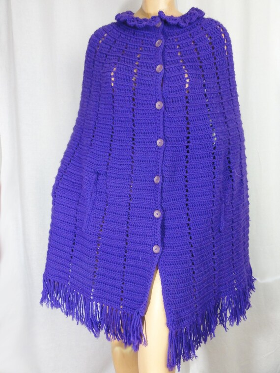 Vintage 1970s Purple Knit Poncho Cardigan Cape Fr… - image 2