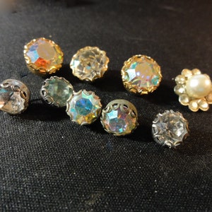 1950s Rhinestone Buttons 9 Mixed Lot, shank buttons, old buttons, vintage sewing, 50s dress buttons 3/8