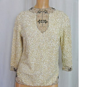 Vintage 1960s Beaded Top Sequin and Lace Cream Sweater 3/4 Sleeves British Hong Kong