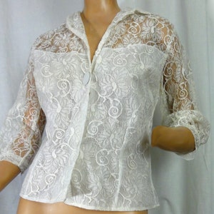 Vintage 1980s Blouse Victorian Style Off White Lacy Party Jacket Bridal/ Puffy Sleeves