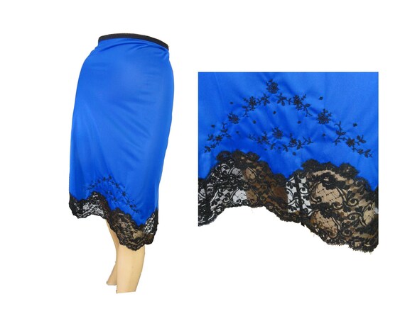 Vintage 50s Half Slip Royal Blue Nylon Floral Embr
