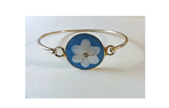Vintage Bracelet Blue Enamel MOP Daisy Flower Boh… - image 2