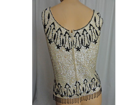 Vintage 1950s Beaded Sweater Shell/Fringed Cream … - image 6