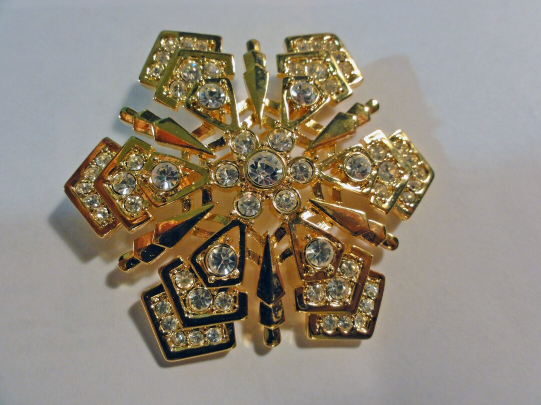 Monet Snowflake Brooch 1980s Large Chunky Gold-tone Crystal Rhinestone ...