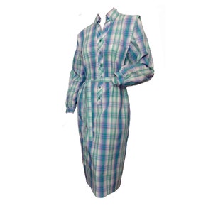 Vintage 1970s Plaid Cotton Day Dress Aqua Blue Green Checked Shift Shirtdress &quot;Schrader&quot;