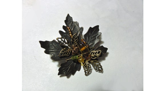 Vintage Autumn Leaf Brooch Copper Tone & Wired on… - image 4