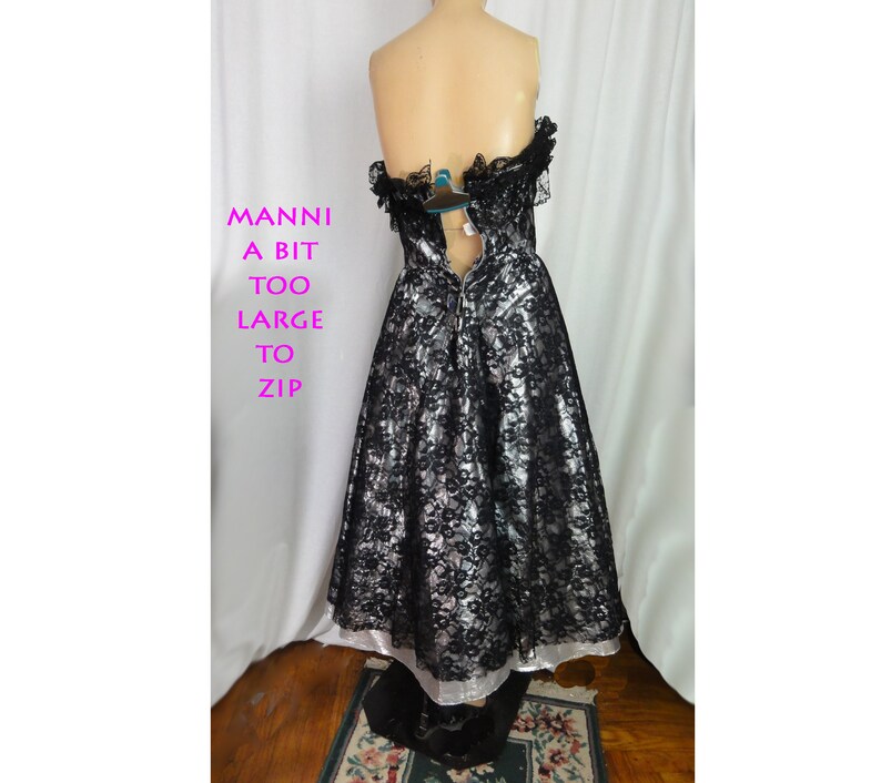 1980s Prom Black Lace and Silver Lame Party Dress Strapless Cocktail Gown image 6