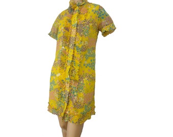 Mod Vintage 1960s Robe Ruffled Mini Dress Housecoat Yellow Abstract Floral Print Button Down