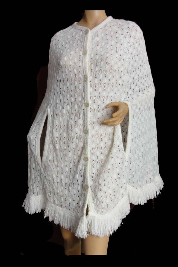 Vintage White 1970s Cape Sweater Knit Fringed Pon… - image 3