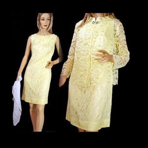Vintage 1950s Dress Set Yellow Lace Sheath and Jacket Made in USA Union Label