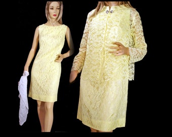 Conjunto de vestido vintage dos anos 1950, bainha e jaqueta de renda amarela, feito nos EUA, com etiqueta Union