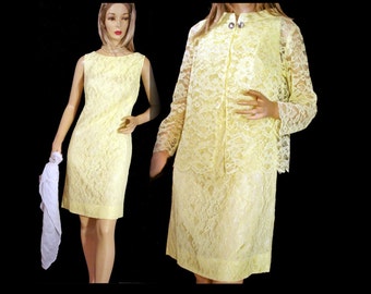 Vintage 1950s Dress Set Cocktail Suit Yellow Lace Sheath Short Wedding Gown