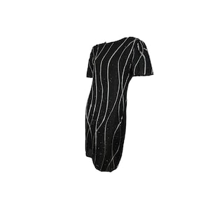 Vintage 1980s Cocktail Dress, Koralikowa Czarna Jedwabna Sukienka Ołówkowa Srebrne Koraliki Rozmiar S