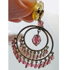 Vintage Earrings Pink Beaded Boho Hippie Double Hoop Dangle Pierced Earrings