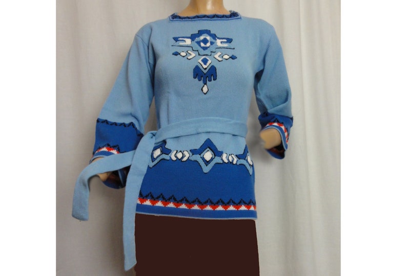 Vintage Blue 70s Sweater Aztec Design Long Tunic Pullover with Belt Acrylic Size Small