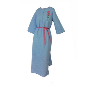NOS Vintage 1970s Robe Blue with Pink Flower Quilted Long Maxi Housecoat Dressing Gown Size Large Made in USA