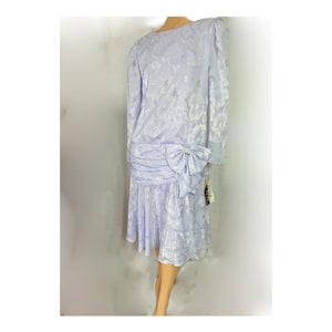 1980s Party Dress Gray Blue NOS Midi Length Flapper Style Big Bow Puffy Sleeves After Dark Label