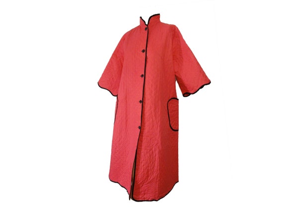 Vintage 1950s Quilted Robe Deep Salmon Pink Cotto… - image 1