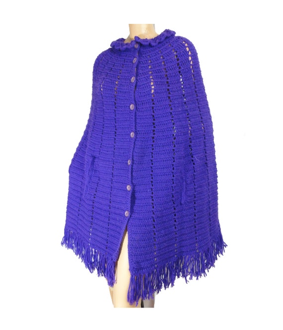 Vintage 1970s Purple Knit Poncho Cardigan Cape Fr… - image 8